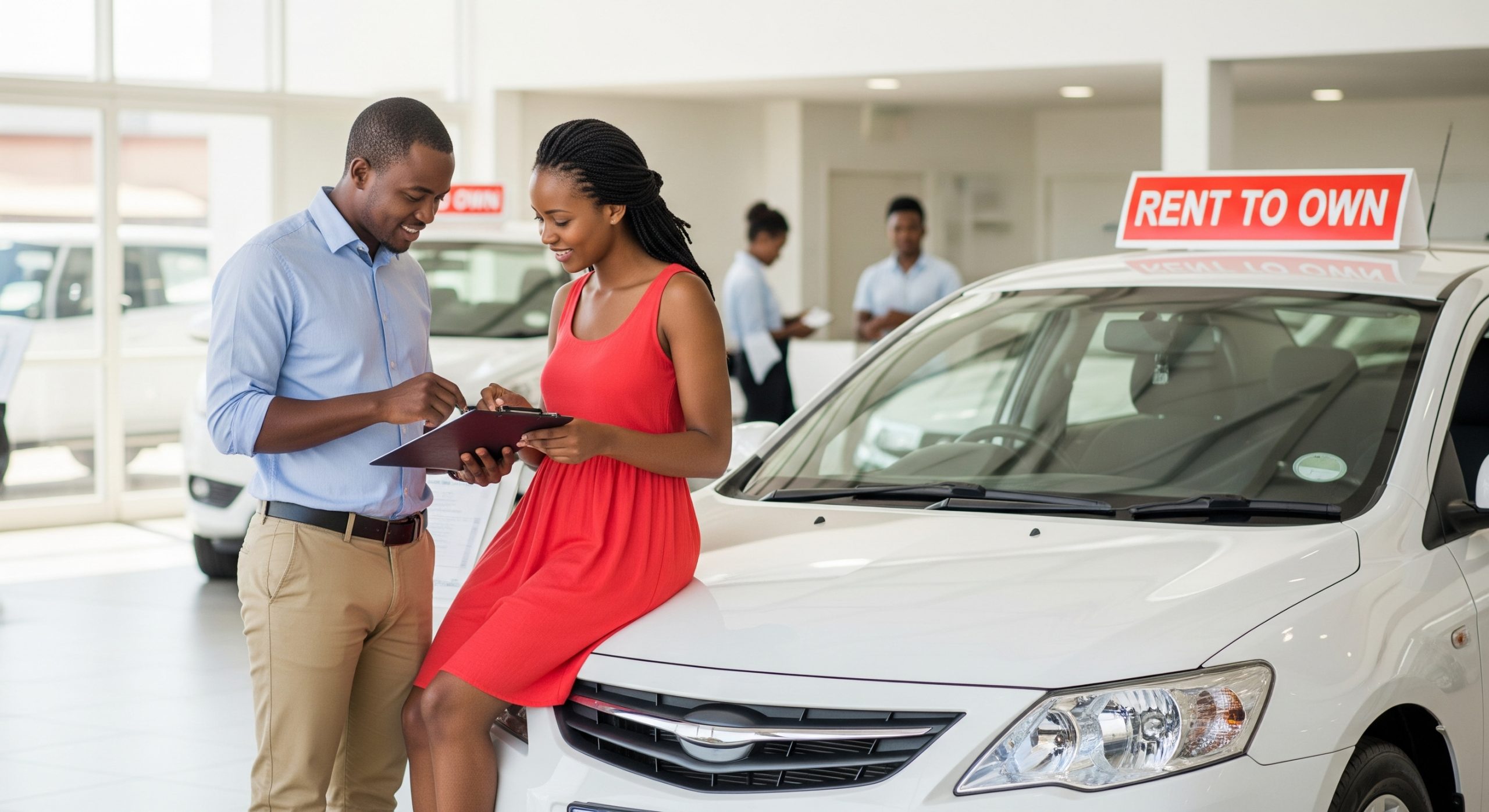 A smiling couple reviewing paperwork while standing next to a white car in a dealership with a red “Rent to Own” sign, highlighting the affordability and accessibility of car ownership.