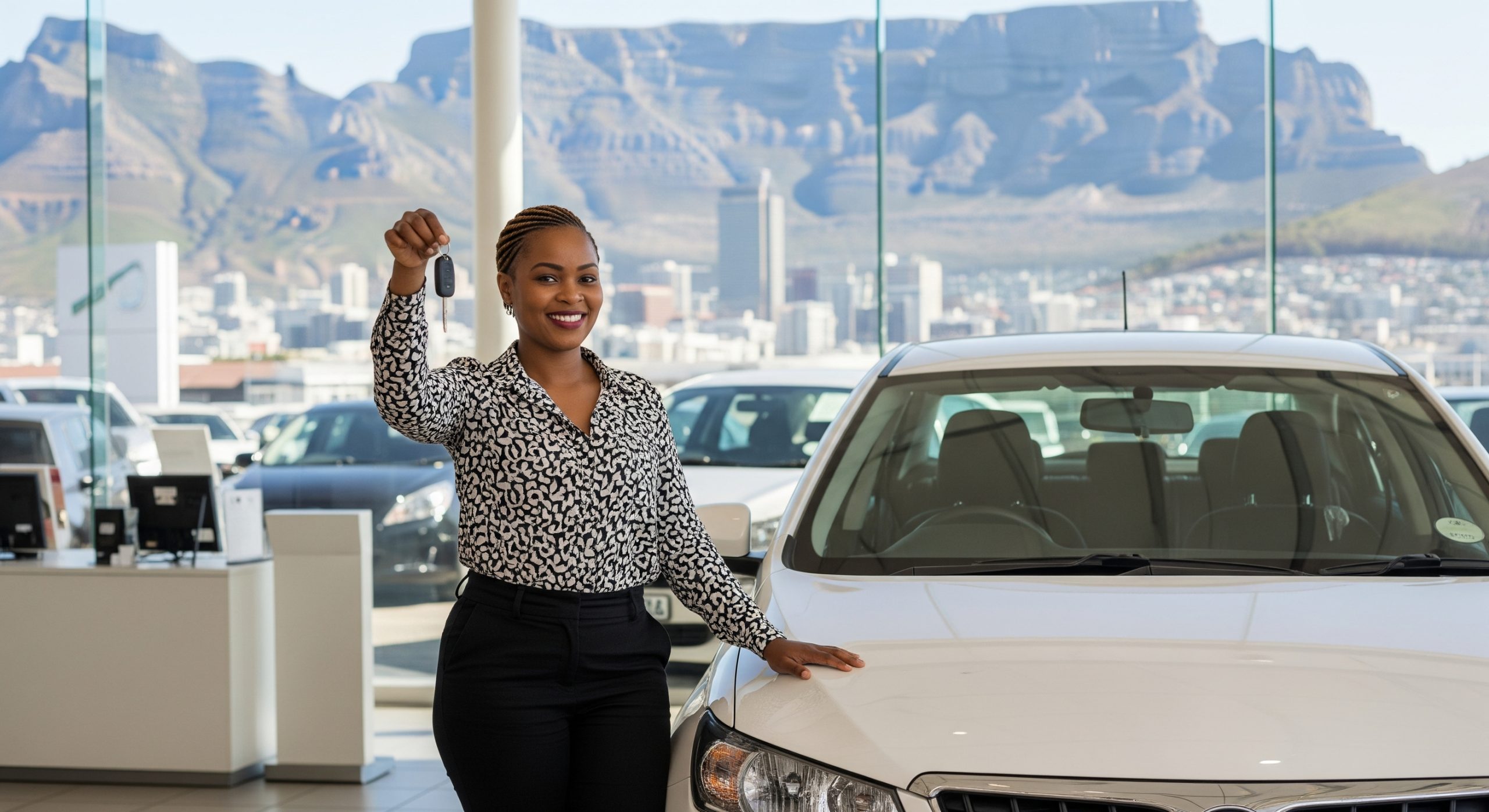 A digital photograph of a modern car key being handed over, set against a Cape Town cityscape and mountains in the distance, representing the opportunity of rent to own car deals.