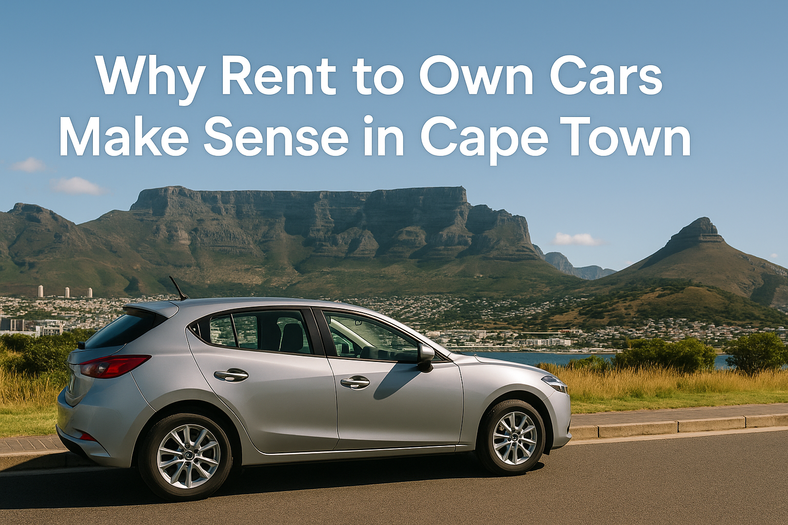A silver hatchback car parked with a clear view of Table Mountain in the background and a title overlay explaining the benefits of rent to own cars in Cape Town.